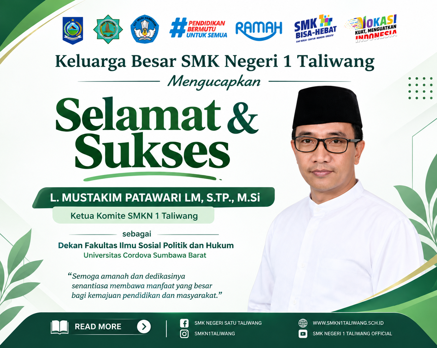 Keluarga Besar SMKN 1 Taliwang Ucapkan Selamat atas Dilantiknya L. Mustakim Patawari LM, S.TP., M.Si. sebagai Dekan FISIPH Universitas Cordova